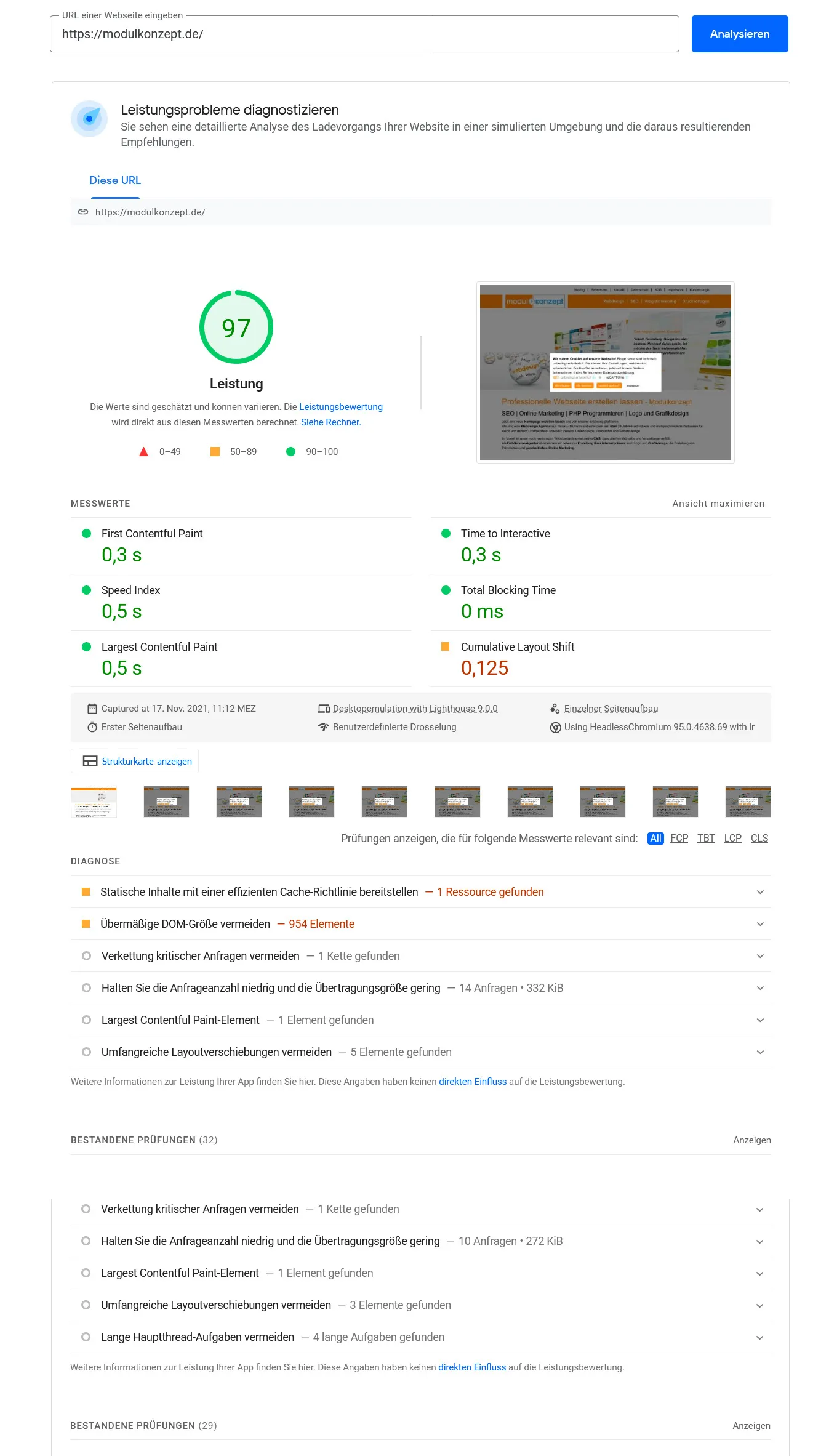 Anzeige der Testauswertung bei Google Insight mit 97/100 Punkten